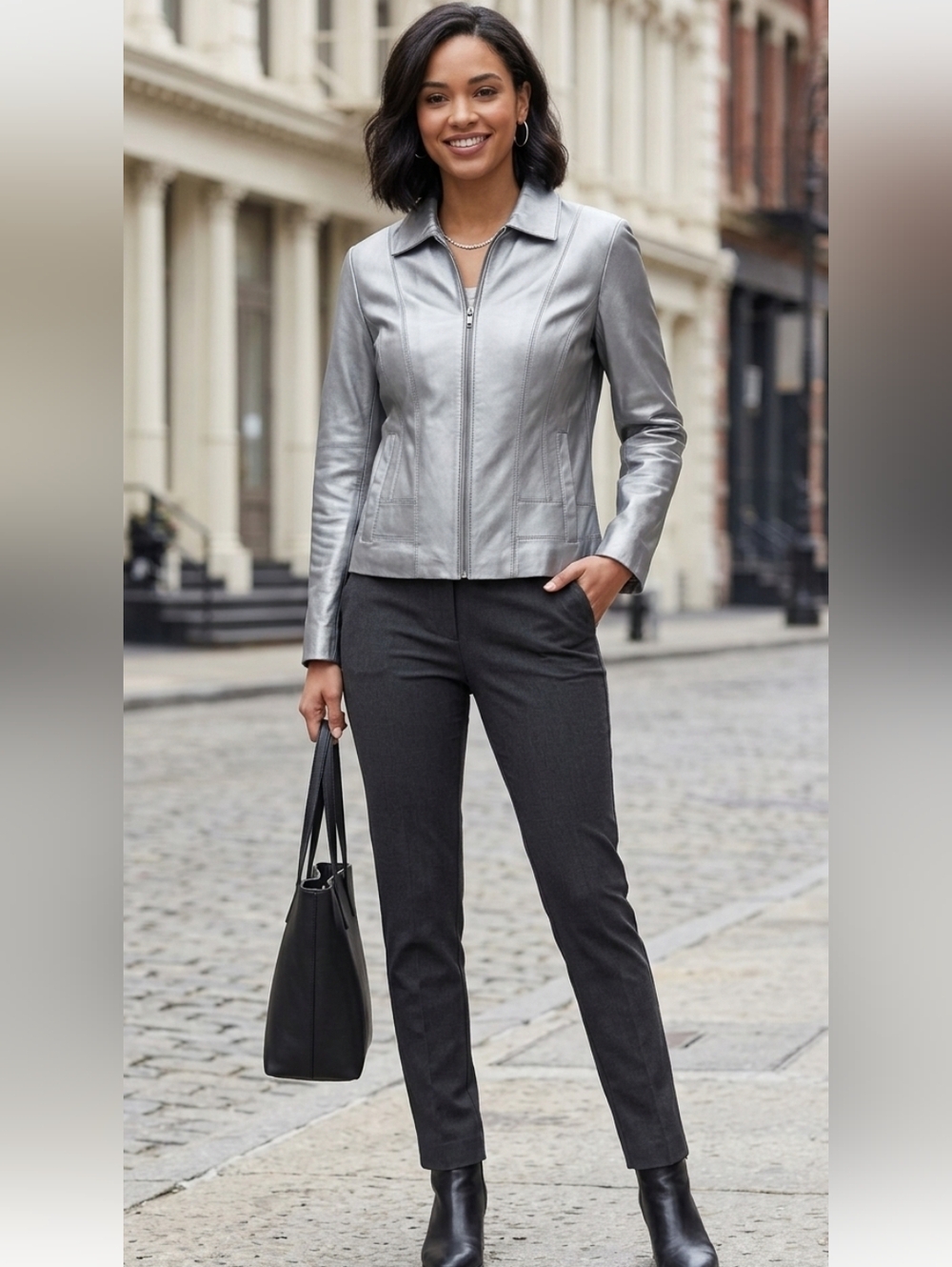Bernardo Women's Light Gray Leather Zip-Front Jacket Size XL